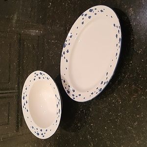 NWOT dei Ceramic White and Blue Nautical Fish Dish Set - Serving Bowl and Tray